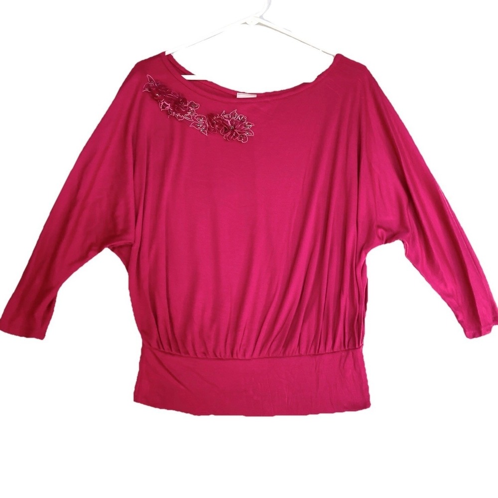 Y2k 3D Floral Beaded Dolman Off Shoulder Boat Neck Top Womens‎ M Vtg